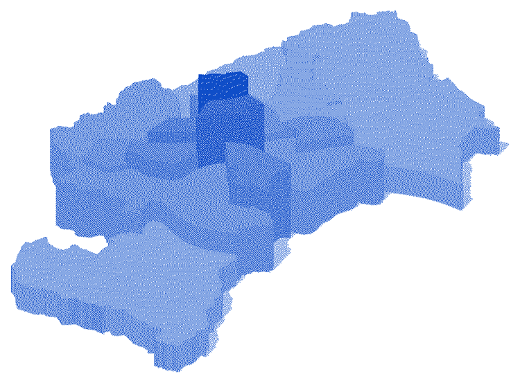 3D karta zagrebačkih kvartova, visina označava doseg